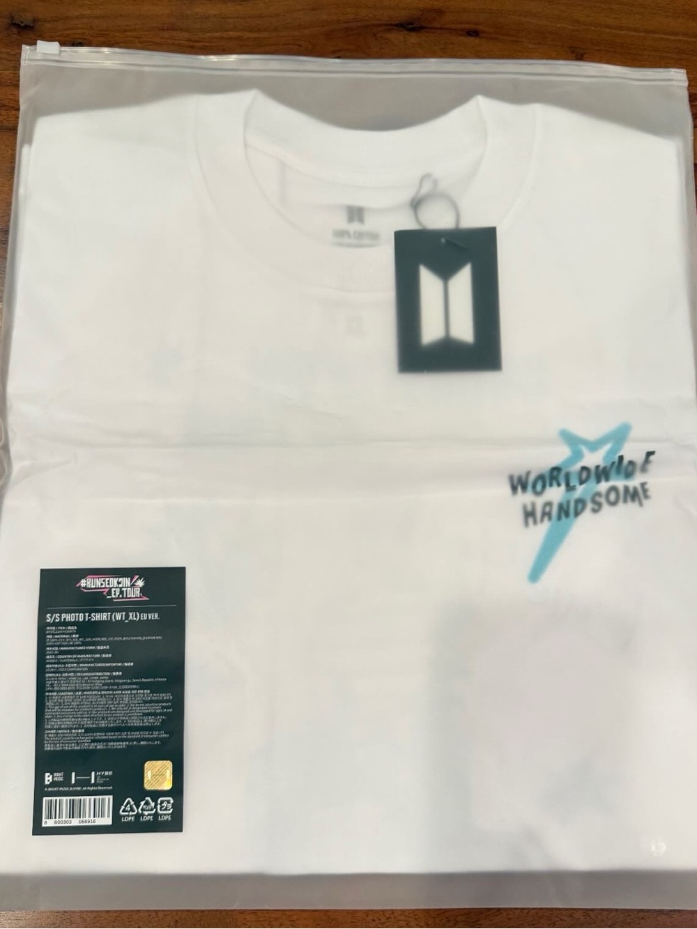 NWT- BTS JIN Run Seokjin EP Tour T‑Shirt -Worldwide Handsome White Graphic - XL